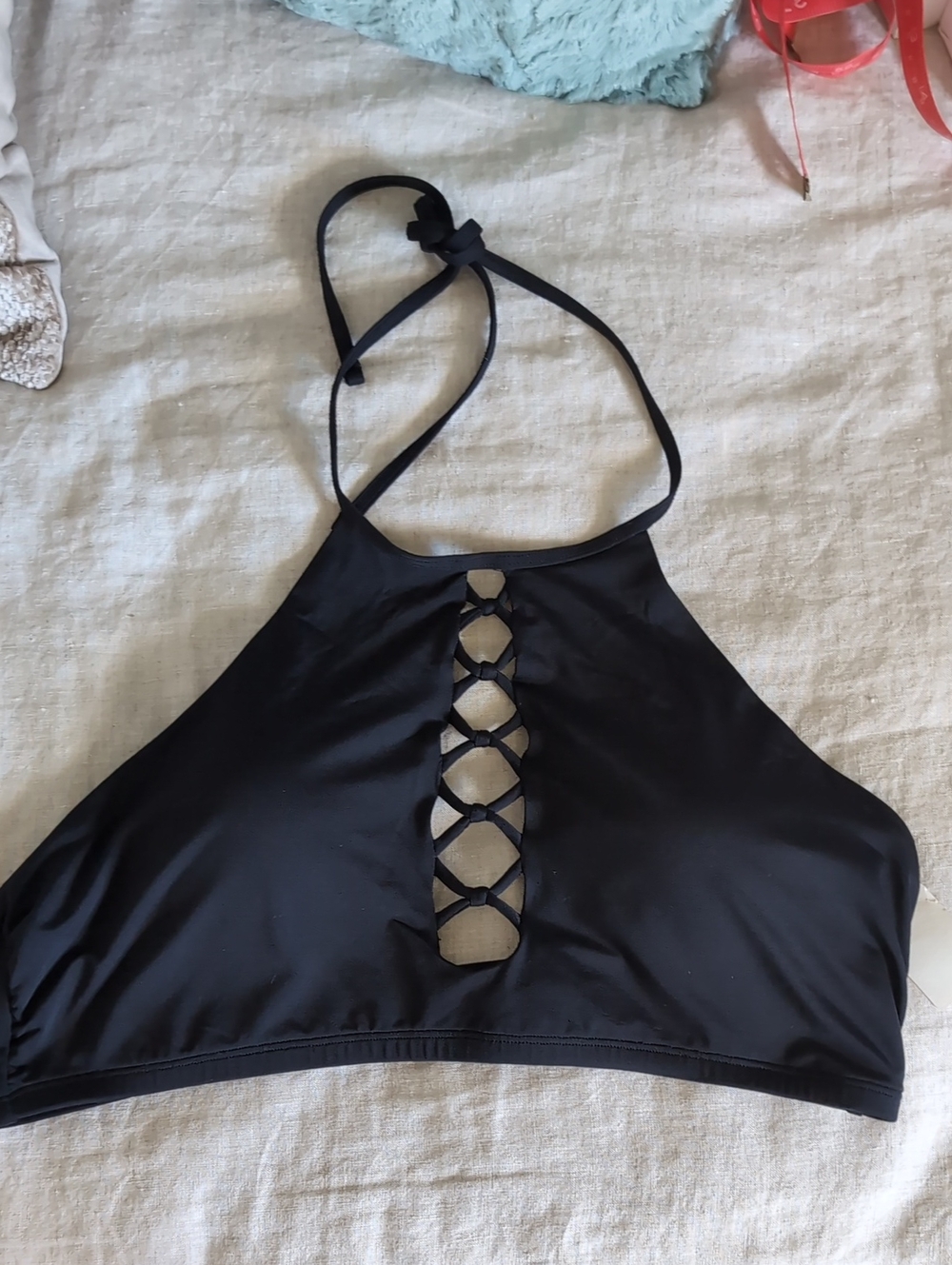 High-Neck Lace-Up Black Bikini Top